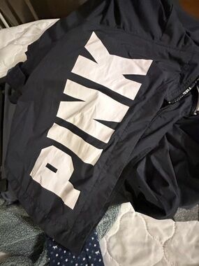 PINK Victoria's Secret black windbreaker Jacket with White logo down back